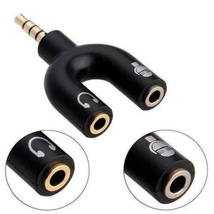 3.5mm Audio Jack To Headphone Microphone Splitter Converter Adaptor - a black U-shaped adapter with two 3.5mm ports, featuring close-ups of each port.