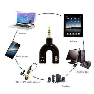 3.5mm Audio Jack To Headphone Microphone Splitter Converter Adaptor - shown as a black U-shaped connector with headphone and microphone icons.