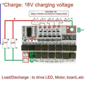 3.7V 18650 3s 4s 5s BMS 100A BMS Li-ion Lmo Ternary Lithium Battery Protection Circuit Board Balance Charging Module - the circuit board with B+, B1-B4, B-, P-, and C- connection points and battery pack connections.
