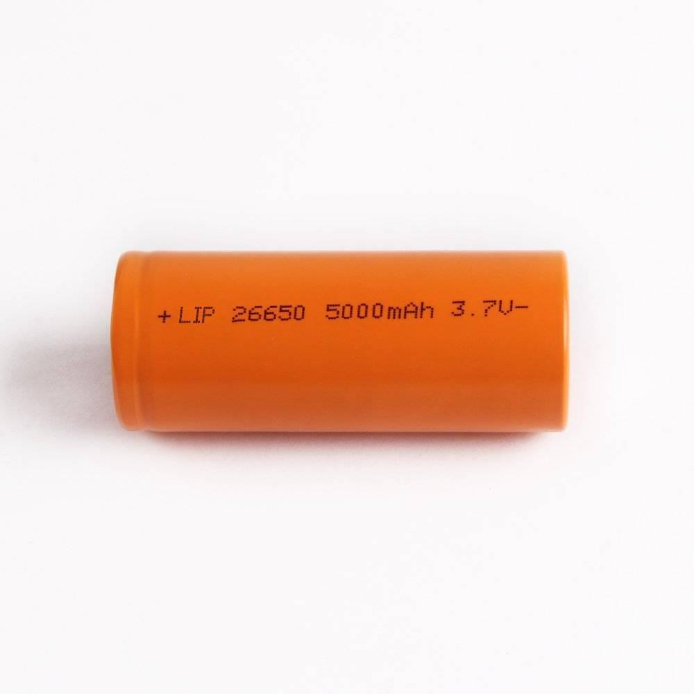 3.7V 2000mAh Cylindrical 26650 Li Ion Battery Cell - an orange cylindrical battery with text printed on the side indicating 5000mAh and 3.7V specifications.