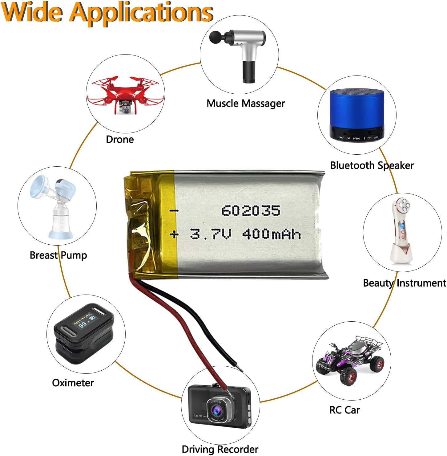 3.7V 400mAh 602035 Rechargeable Lithium Polymer Battery LiPo Cells - shown with red and black wires, surrounded by icons of various compatible electronic devices.