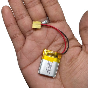 3.7V 450mAh Li Ion Battery - a small rectangular silver lithium polymer cell with red and black wires connected to a taped end.
