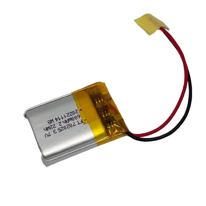 3.7V 450mAh Li Ion Battery - shown as a rectangular silver lithium-ion cell with yellow protective tape and two wires ending in a small connector.