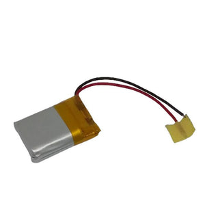 3.7V 450mAh Li Ion Battery - shown as a rectangular silver cell with yellow tape, connected to two thin red and black wires ending in a small adhesive tab.