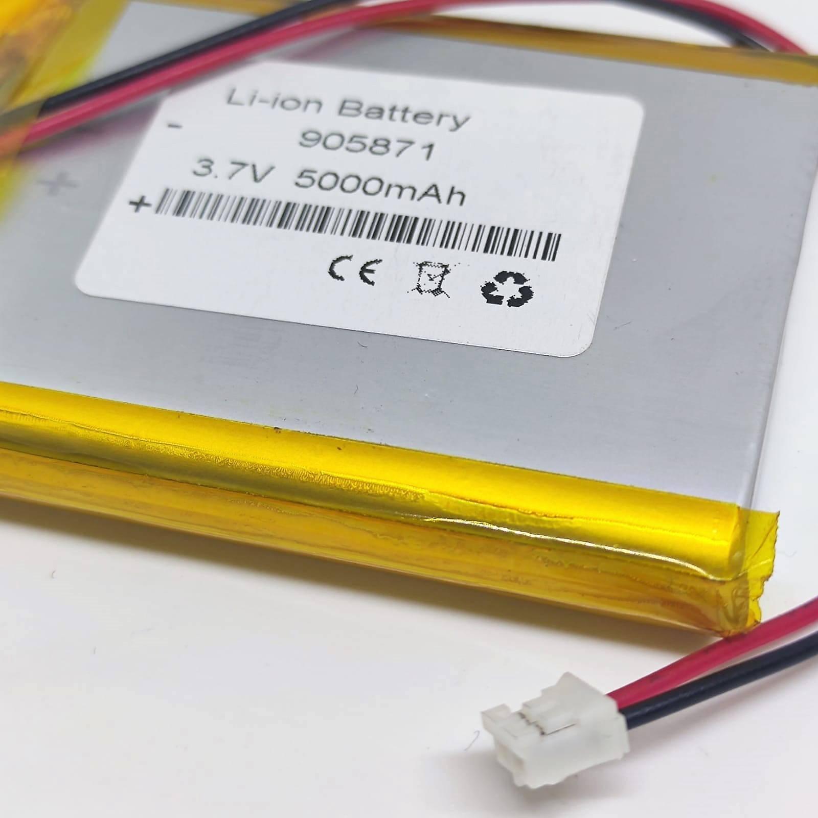 3.7V 5000mAh Lithium-ion Battery With JST 2.0mm Connector And BMS - white JST 2.0mm connector, showing a silver rectangular cell with a yellow taped edge and a printed label.