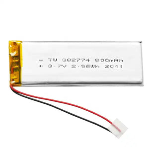 3.7V 800mAh Battery Rechargeable Lithium Polymer Ion Battery TW382774 - a rectangular silver lithium polymer battery with red and black wires connected to a white two-pin connector.