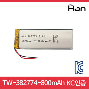3.7V 800mAh Battery Rechargeable Lithium Polymer Ion Battery TW382774 - a rectangular silver lithium polymer battery with two wires and text showing 3.7V, 800mAh, 2.96Wh, and a KC logo.