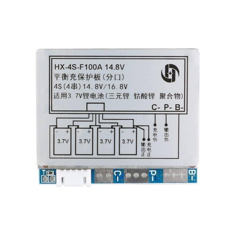 3.7V HX-4s-F100A 100A 4s BMS 18650 Battery Protection Board 4s 100A BMS Module - a rectangular white circuit board with a wiring diagram label, a white connector, and three labeled solder pads: C-, P-, and B-.