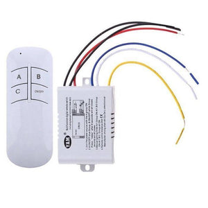 3 Channel Remote Control Switch For 220V Load - a white four-button remote and a white receiver box with attached multicolored wires.