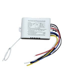 3 Channel Remote Control Switch For 220V Load - a white rectangular receiver unit with a long antenna wire and several multi-coloured output wires.