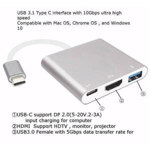 3 in 1 Multiport Type-c USB To HDMI Adapter USB 3.0 Charging Port Converter Adapter - a silver hub with a USB-C cable, a charging port, an HDMI port, and a USB 3.0 port with labels.