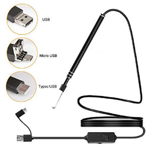 3 in 1 Type c& android pc endoscope - a black wired camera probe with a control box and three interchangeable USB, Micro USB, and Type-C connectors.