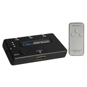 3 Port HDMI Switch Hub With Remote Control - a black rectangular switch with three input ports, one output port, and a silver remote control.