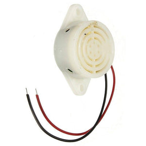 3 To 24V Electronic Buzzer Beep Alarm Sfm-27 - a white circular buzzer with a mounting flange and two attached red and black wires.