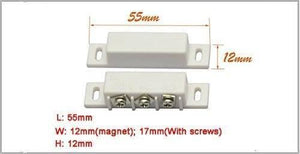 3 Wire No Nc Magnetic Reed Sensor Signal Switch For Door Access Control - shown as a white two-piece unit with dimensions and three screw terminals in a technical diagram.