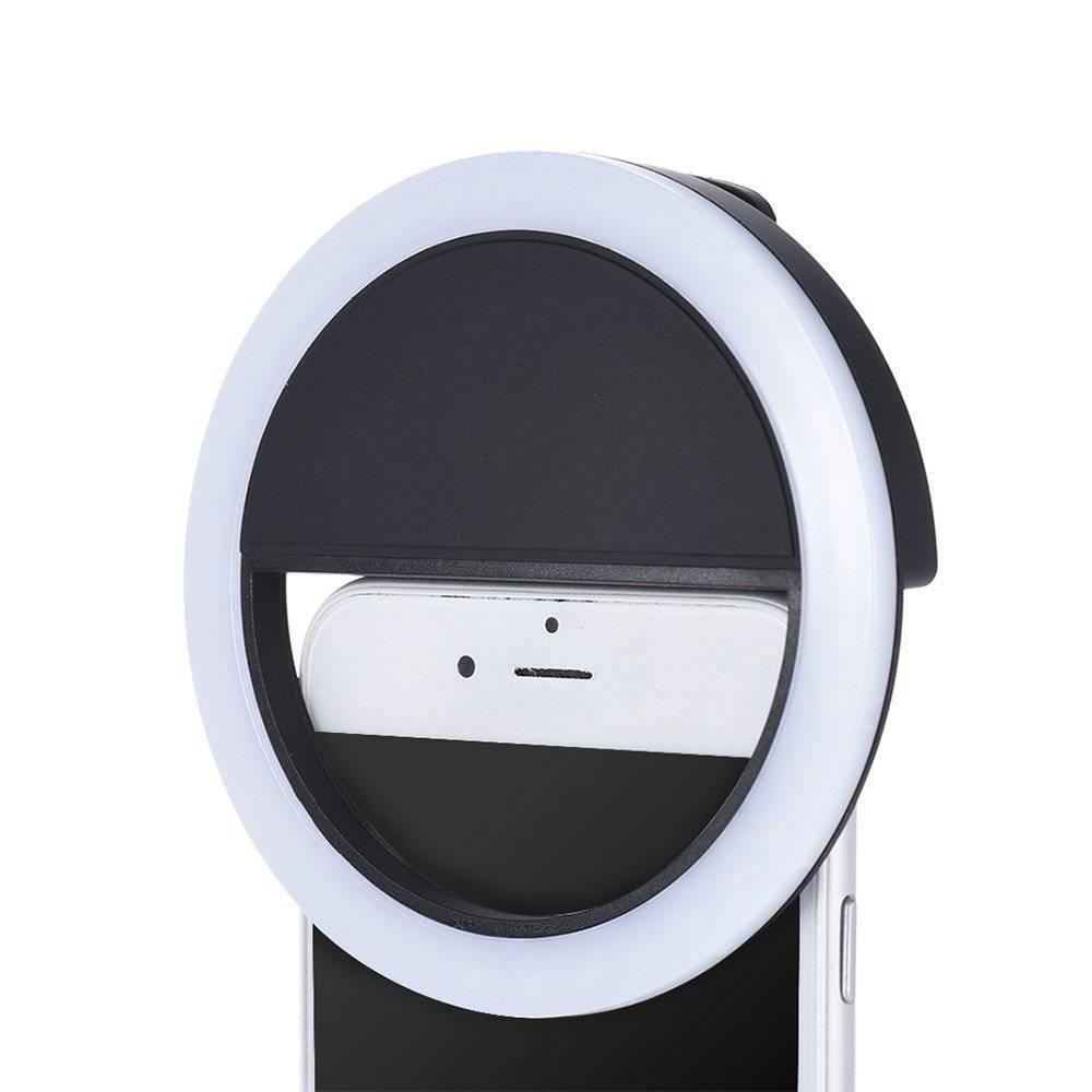 30 LED Selfie Ring Light USB Rechargeable Clip On Cell Phone Camera Light - shown as a black and white circular LED light clipped onto a white smartphone.