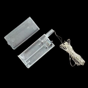 30 Pcs Colorful LED Line With AA Cell Holder - a clear plastic battery case for two AA batteries with an attached string of LED lights and a switch.