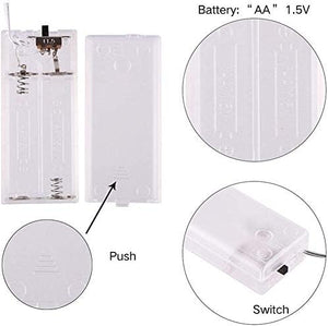 30 Pcs Colorful LED Line With AA Cell Holder - a clear plastic battery case with an on-off switch, a sliding cover, and magnified detail views.