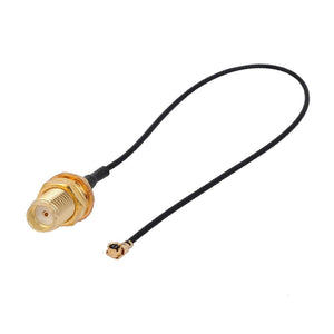 300 mm Length For 2mm Size 1st Generation Ipex To SMA Female Antenna Connector - a black coaxial cable with a gold SMA female jack and an IPEX connector.