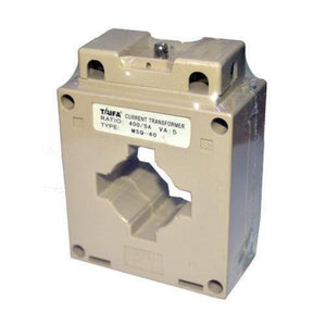 300A Ct 300amp Current Transformer - Taifa MSQ-40 current transformer, a beige square-shaped electrical component with a central opening and a label reading 400/5A VA:5.