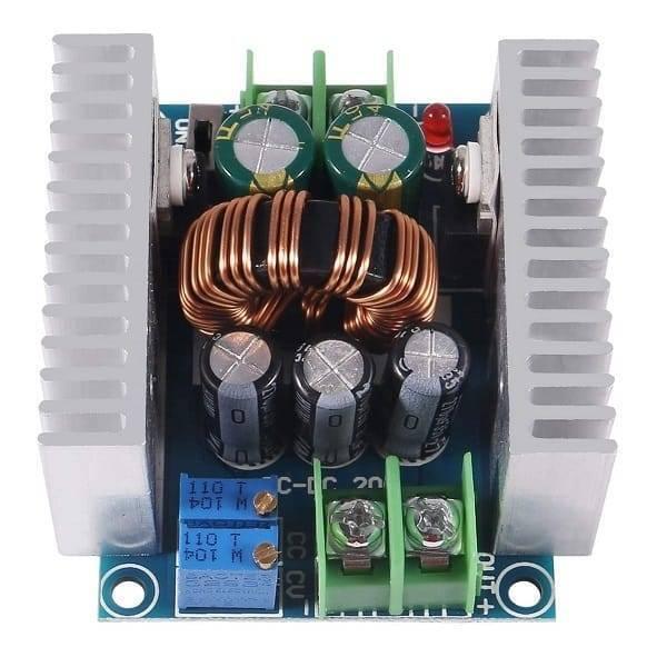 300W 20A Adjustable DC-DC Step Down Buck Converter Voltage Regulator Power Supply Module - a blue circuit board, two large silver heatsinks, a copper inductor, and two adjustment knobs.