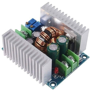 300W 20A Adjustable DC-DC Step Down Buck Converter Voltage Regulator Power Supply Module - with two silver heatsinks, a copper inductor, green screw terminals, and blue potentiometers.