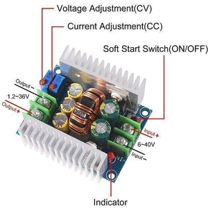 300W 20A Adjustable DC-DC Step Down Buck Converter Voltage Regulator Power Supply Module - blue potentiometers, green screw terminals, a copper inductor, and silver heatsinks.