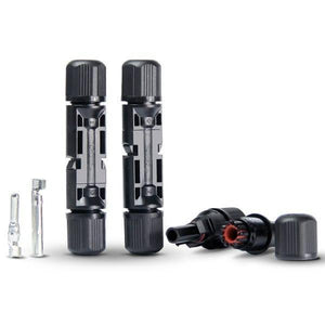 30A 1000V Male Female MC4 Connector For Solar Panel DC Wire Cable - two assembled black connector housings, two metal pins, and two disassembled parts.