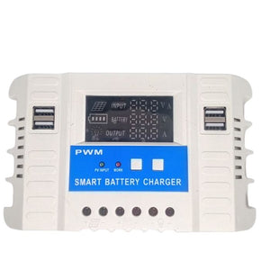 30A 12V/24V LCD Solar Panel Regulator Generator Charge Charging Controller CM3024Z - a white rectangular device with a central LCD screen, two USB ports, two buttons, and six screw terminals.