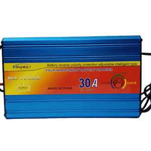 30A 12V Battery Charger Ma-1230 - a rectangular blue metal device with a front panel displaying text, a 30A rating, and a rotary dial for battery capacity.