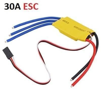 30A Electronic Speed Controller Esc For Brushless BLDC Motors - a yellow shrink-wrapped module with three blue motor wires and red/black power leads.