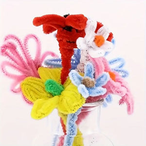 30cm Length Randomly Bended Polyester Hair Root Hair Strip Twist Sticks - arranged as a colorful bouquet of flowers in a clear glass vase.