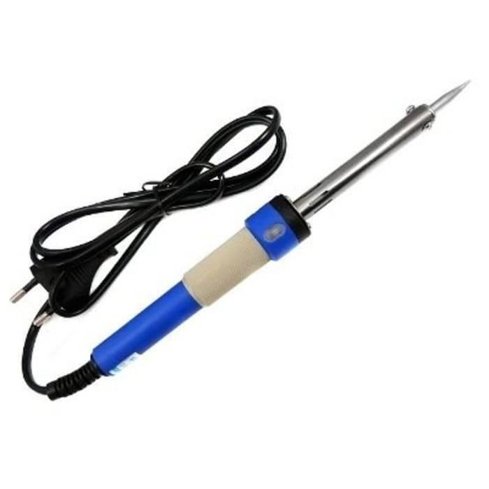 30W Soldering Iron - with a blue and beige handle, a metal tip, and a black power cord with a two-pin plug.