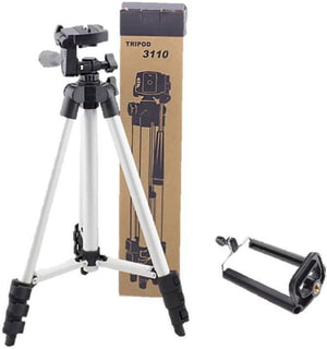 3110 Tripod Adjustable Portable Scalable Pan Head Tripod Mount Bracket Holder Fold Able Tripod Stand For Camcorders Dslr Camera For Smart Phone - a silver and black adjustable stand, its cardboard packaging box, and a separate black smartphone holder attachment.