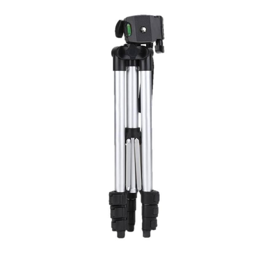 3110 Tripod Adjustable Portable Scalable Pan Head Tripod Mount Bracket Holder Fold Able Tripod Stand For Camcorders Dslr Camera For Smart Phone - a folded silver and black camera stand featuring a pan head with a small green bubble level and adjustable leg locks.