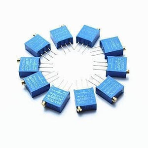 3296W 10k Multiturn Variable Resistor Potentiometer Trimmer Resistor - shown as a circular arrangement of ten identical blue rectangular components with pins.