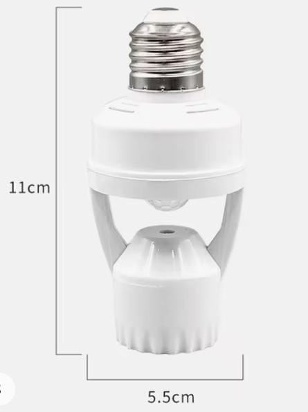 360 Degree PIR Induction Motion Sensor Blub Holder - shown as a white device with a screw-in base and a motion sensor, including dimension labels.