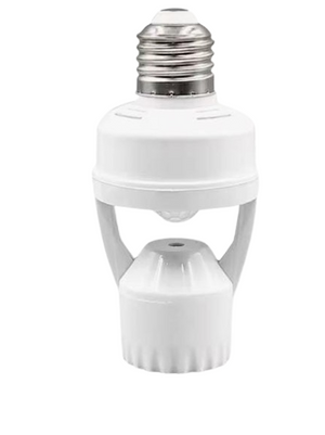 360 Degree PIR Induction Motion Sensor Blub Holder - a white plastic E27 screw-base light socket with a central motion sensor dome.