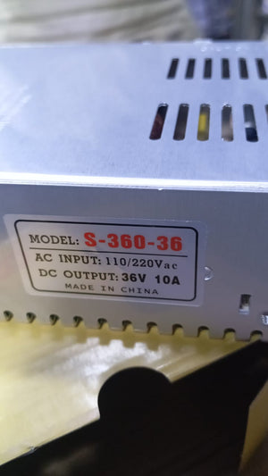 36V 10A Power Supply - shown in a close-up of its silver metal casing, featuring a label that reads "MODEL: S-360-36, AC INPUT: 110/220Vac, DC OUTPUT: 36V 10A".