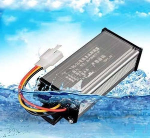 36V 48V 72V 120V To 12V 10A DC To DC Converter Adapter Step Down Regulator - a rectangular silver metal box with a three-wire connector cable, shown submerged in water.