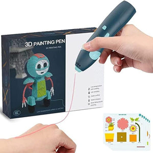 3d Pen For 3d Printing, Pcl Drawing Pen, USB Chargeable 3d Pen With Safe Pcl Filament - shown in use with a hand drawing on skin, next to its illustrated product box and a set of printed design templates.