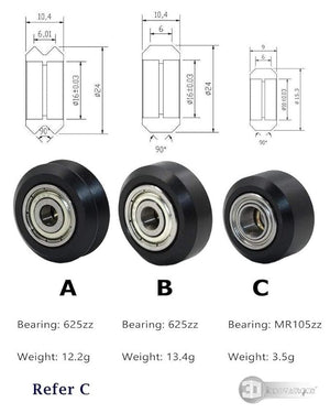 3dinnovations Openbuilds Pom Plastic Wheel Mini V With 105ZZ Bearing - shown in a technical diagram with three wheel variations, specifications, and weights.