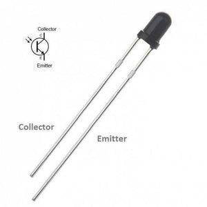 3mm Photodiode IR Infrared Receiver - shown as a black, dome-shaped component with two long metal leads, accompanied by a schematic circuit symbol.