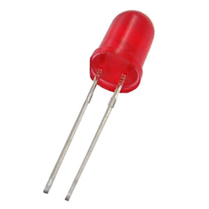 3mm Red LED - shown as a single red-colored, dome-shaped light-emitting diode with two long metal pins extending from the base.