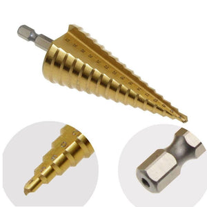 3pcs Hss Titanium Coated Step Drill Bit Set, 1/4’ Hex Shank Drive Quick Change High Speed Steel Cone Drill Bit - a gold-colored conical step drill bit with a hex shank and two close-up views of the tip and base.
