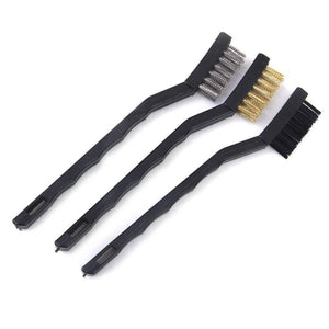 3pcs Wire Brush Stainless Steel Nylon Brass Wire Brushes Cleaning Rust Kit Polishing Metal Rust Clean Tools - with black plastic handles and silver, gold, and black bristles.
