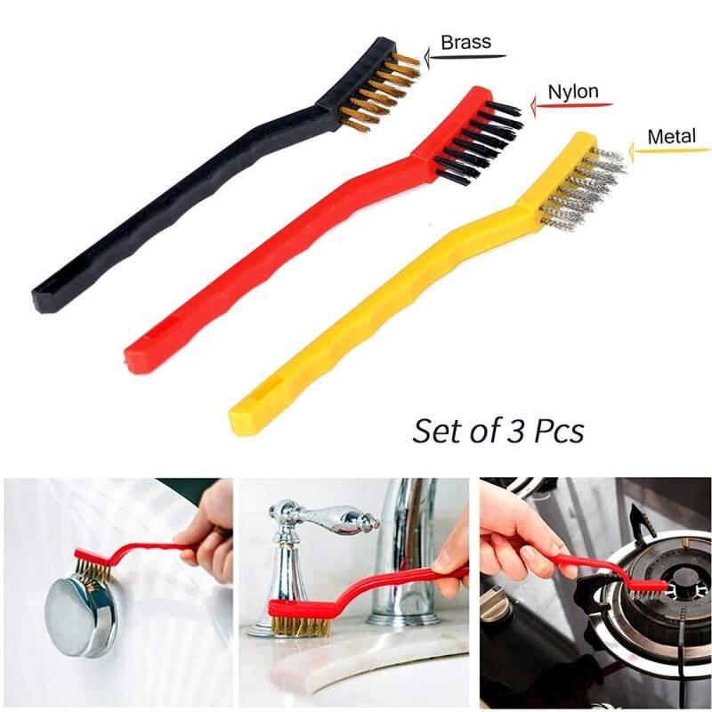 3pcs Wire Brush Stainless Steel Nylon Brass Wire Brushes Cleaning Rust Kit Polishing Metal Rust Clean Tools - a black, red, and yellow brush set with various cleaning applications.