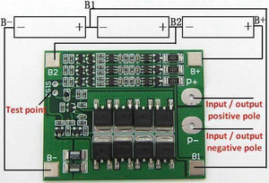 3s 25A BMS Circuit Li-ion Battery Charging Protection 3SJH25A-C - shown with a wiring diagram connecting three battery cells to the green circuit board.