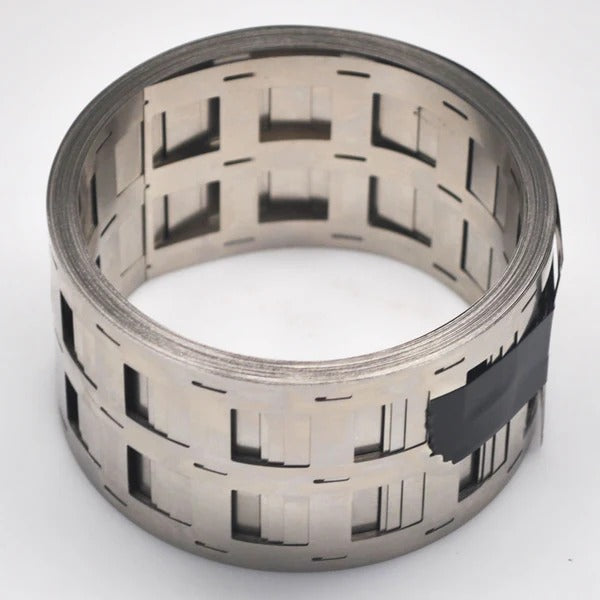 1 Meter 3p Configuration Pure Nickel Strip 0.15mm Thickness - shown as a silver-coloured metal strip with rectangular cutouts rolled into a coil.