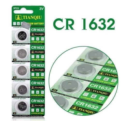 3V Lithium Button Coin Cell Battery CR1632 - shown in a green retail blister pack containing five units, with a circular close-up view of the batteries.